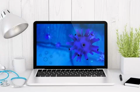 Medical desktop computer with virus on screen Stock Illustration