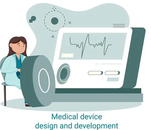 Medical device design and development banner with scientist develop equipment Stock Illustration