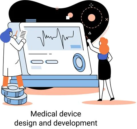 Medical device design and development banner with scientist develop equipment Illustrazione stock