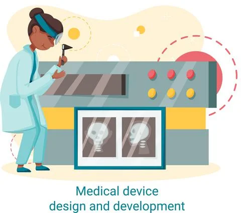 Medical device design and development banner with scientist develop equipment 스톡 일러스트