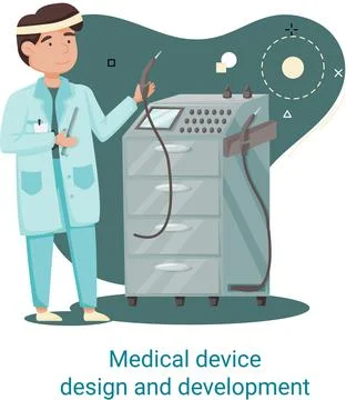 Medical device design and development banner with scientist develop equipment 스톡 일러스트
