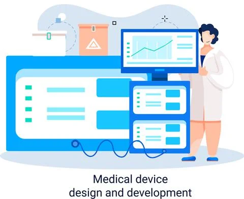 Medical device design and development banner with scientist develop equipment Stockillustratie