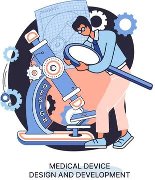 Medical device design and development banner with scientist develop equipment Stockillustratie