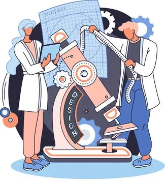 Medical device design and development banner with scientist develop equipment Illustrazione stock