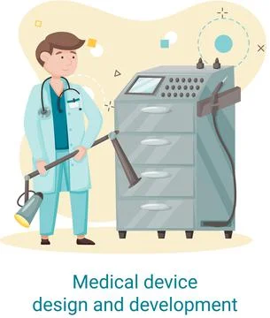 Medical device design and development banner with scientist develop equipment イラスト素材