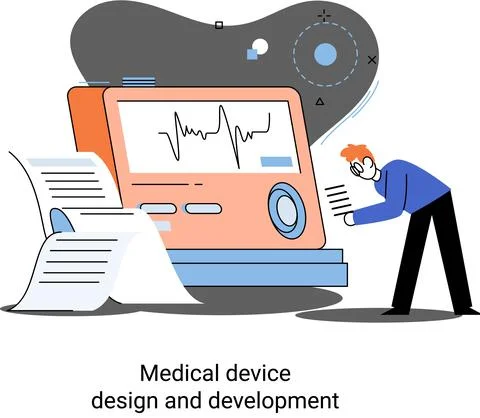 Medical device design and development banner with scientist develop equipment Illustrazione stock