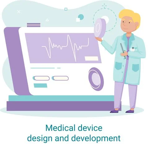 Medical device design and development banner with scientist develop equipment 스톡 일러스트