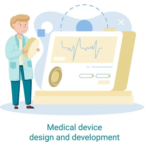 Medical device design and development banner with scientist develop equipment 스톡 일러스트