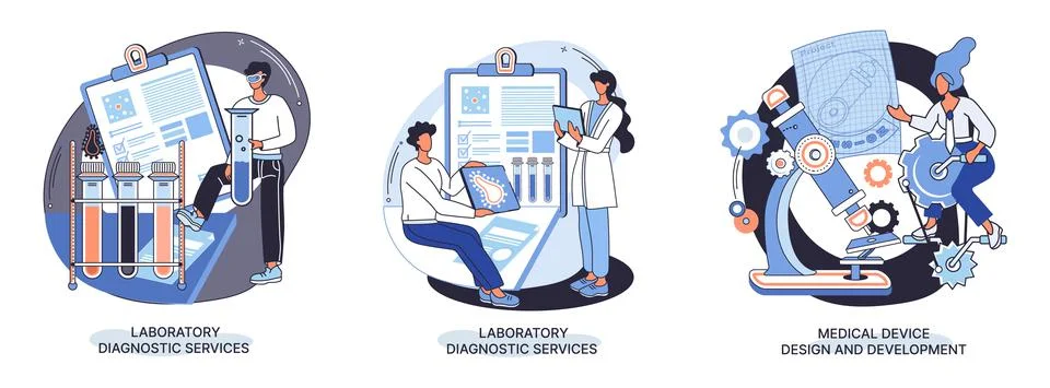 Medical device design and development banner with scientist develop equipment Stockillustratie