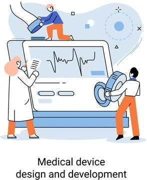 Medical device design and development banner with scientist develop equipment 스톡 일러스트