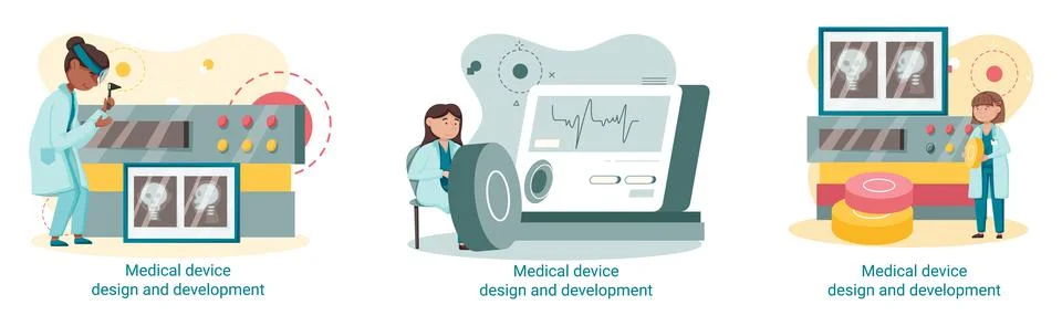 Medical device design and development banner with scientist develop equipment Stockillustratie