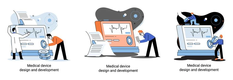 Medical device design and development banner with scientist develop equipment Stock Illustration