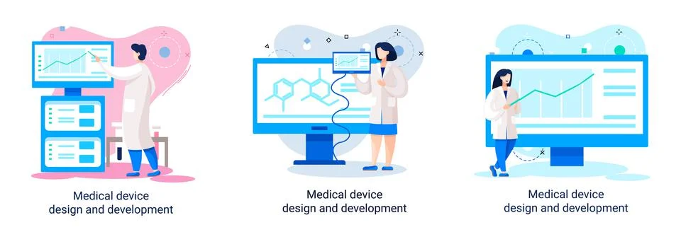 Medical device design and development banner with scientist develop equipment Stockillustratie