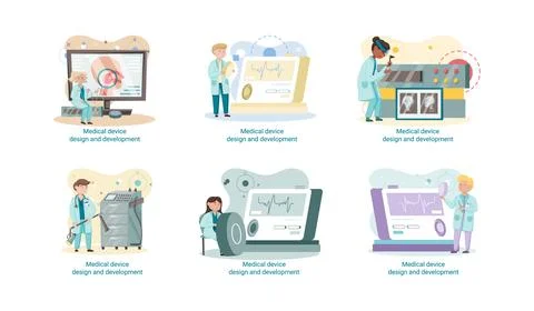 Medical device design and development banner with scientist develop equipment Illustrazione stock