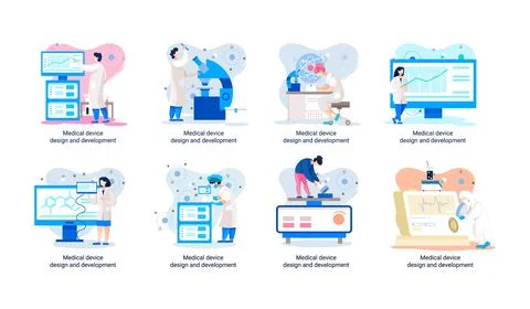 Medical device design and development banner with scientist develop equipment Illustrazione stock