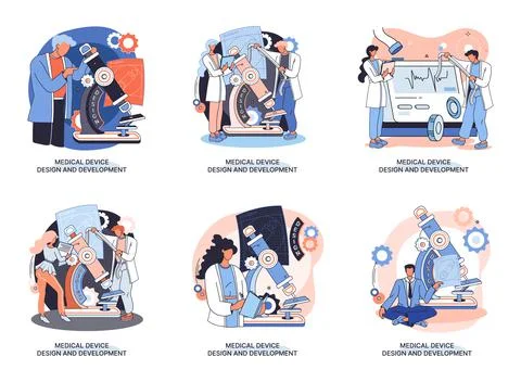 Medical device design and development banner with scientist develop equipment Stockillustratie