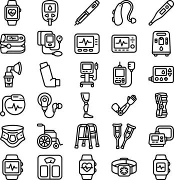 Medical device icons set vector illustration featuring healthcare equipment.. Illustrazione stock