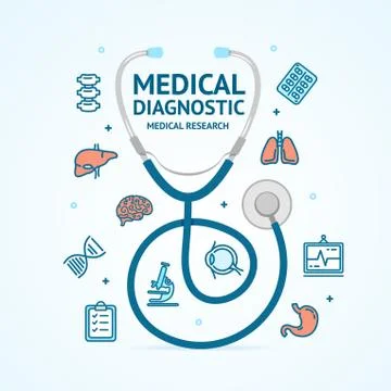 Medical Diagnostics Concept and Thin Line Icons. Vector Illustrazione stock