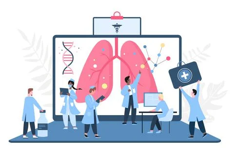 Medical diagnostics of lung diseases by tiny doctors pulmonologists using laptop Illustrazione stock
