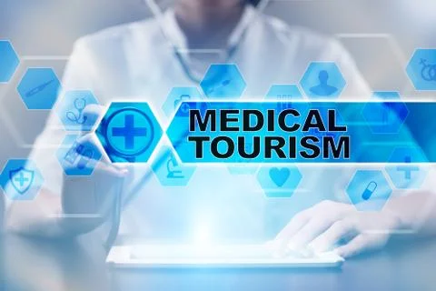 Medical doctor using tablet PC with medical tourism medical concept. Stock Illustration