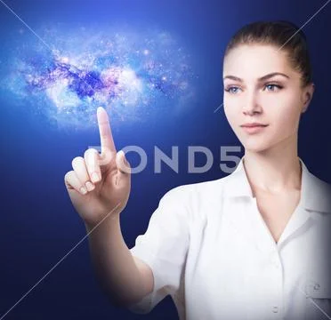 Medical doctor woman point on futuristic galaxy. Stock Photos