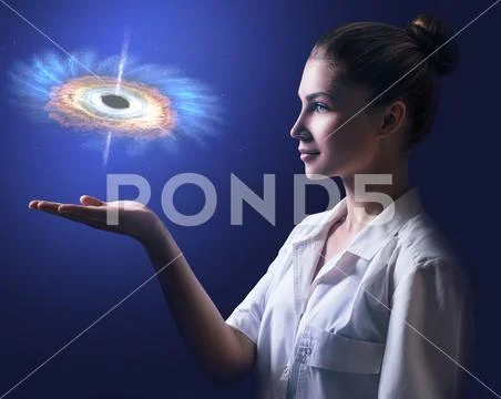 Medical doctor woman present futuristic galaxy. Stock Photos