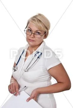 Medical doctor woman with stethoscope isolated on white Stock Photos