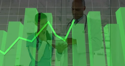 Medical doctors tapping tablet, activating green chart and graph fluctuating Stock Footage 311699330