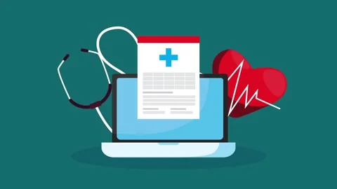 Medical document on laptop screen with stethoscope and heart health icon, m.. Stock Footage 338990021