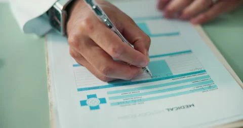 Medical, documents and form with hands of doctor in office for patient Stock Footage 321330403