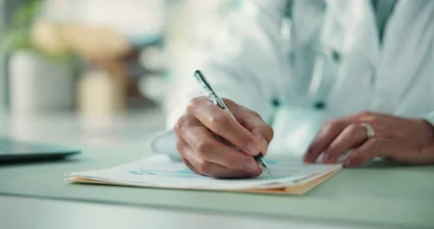 Medical, documents and writing with hands of doctor in office for patient Stock Footage 321331434