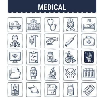 Medical doodle icon set featuring ambulance, hospital, stethoscope, nurse, .. Stock Illustration