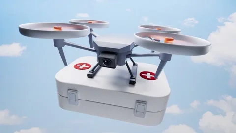 Medical drone flying in a dynamic low-angle shot, carrying first aid kit un.. Stock Footage 332335741