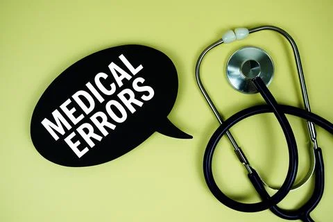 Medical Errors text on speech bubble with stethoscope on yellow background,.. 写真素材