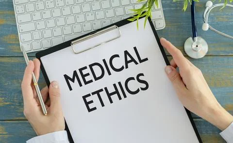 Medical Ethics text with document brown envelope and stethoscope isolated Stock Photos