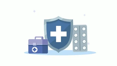 Medical first aid kit, shield with cross, and pills blister pack, health in.. Stock Footage 339049623