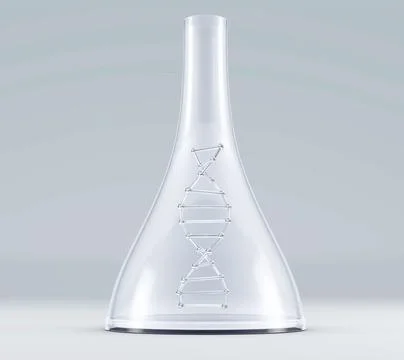 A medical flask with a dna molecule inside. 3d illustration. Genetic research in Illustrazione stock