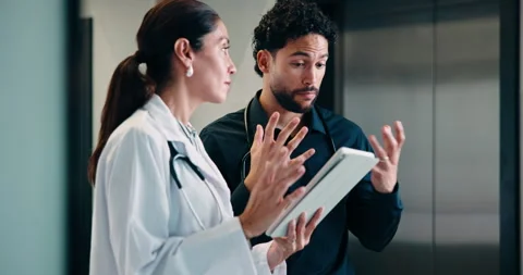Medical, high five or doctors in hospital with tablet, diagnosis discovery or Stock Footage 335459050