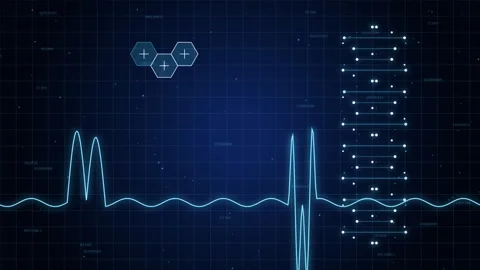 Medical HUD Interface with ECG Pulse Line and DNA Sequence Video stock 346453594