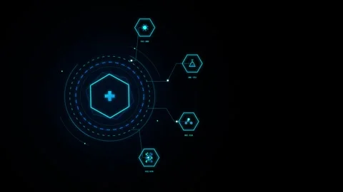 Medical hud interface with glowing blue icons and scientific data on black .. Stock Footage 344651650