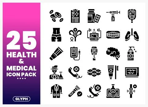 Medical icon pack for digital use on white background with purple and pink .. Stock Illustration