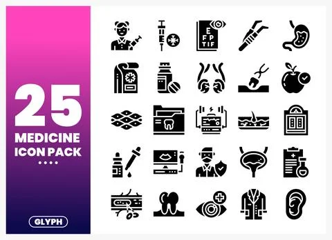 Medical icon pack graphic elements with symbols and glyphs. Stock Illustration