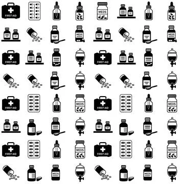 Medical icons pattern featuring first aid kits, pill bottles, dropper bottl.. Stock Illustration