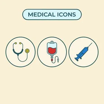 Medical icons set featuring stethoscope, blood bag, and syringe in circles .. Stock Illustration