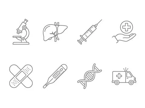 Medical icons set including microscope, liver, syringe, hand with cross, ba.. Ilustração Stock