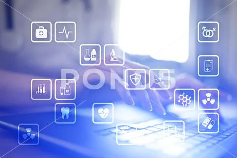 Medical icons on virtual screen. Modern technology in medicine. Stock Photos