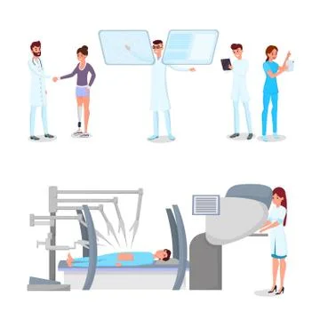 Medical innovations flat vector illustrations set. Hospital staff with modern Stock Illustration