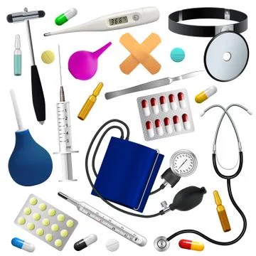 Medical instruments and preparations set. Medicine and health. Isolated objec Stock Illustration
