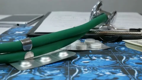 Medical instruments and X-rays with money on the table Video stock 87424946