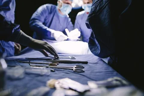 Medical instruments during surgery in operation theater Stock Photos